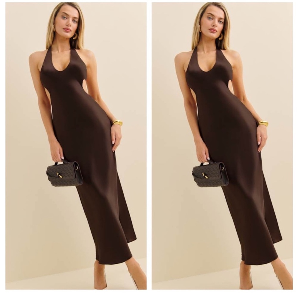 NEW NWT Reformation CACIO Brown Silk Maxi Dress Black Bean